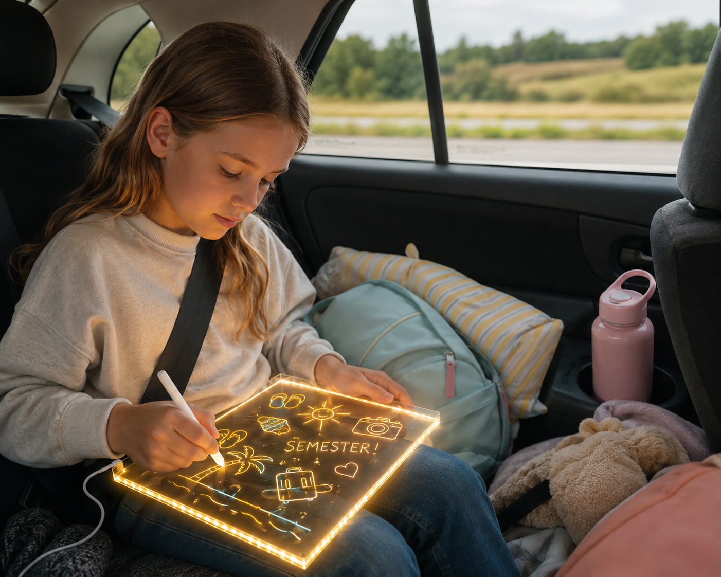 Barn ritar på LYMY Glow Ritbräda i bilen