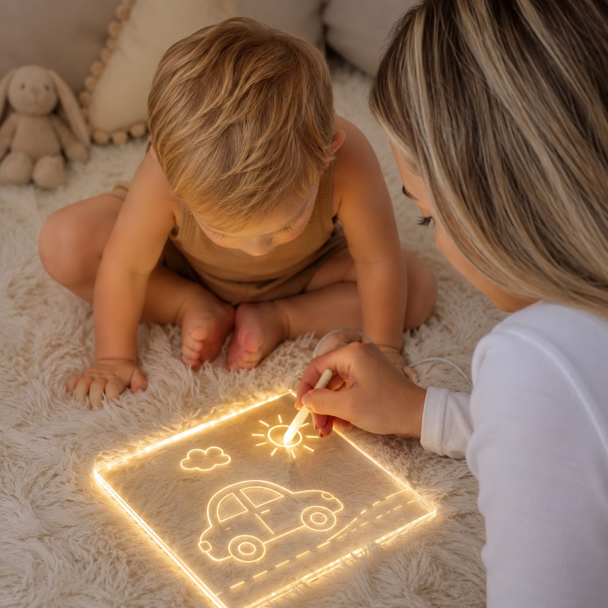 Förälder och barn ritar tillsammans på LYMY Glow Ritbräda